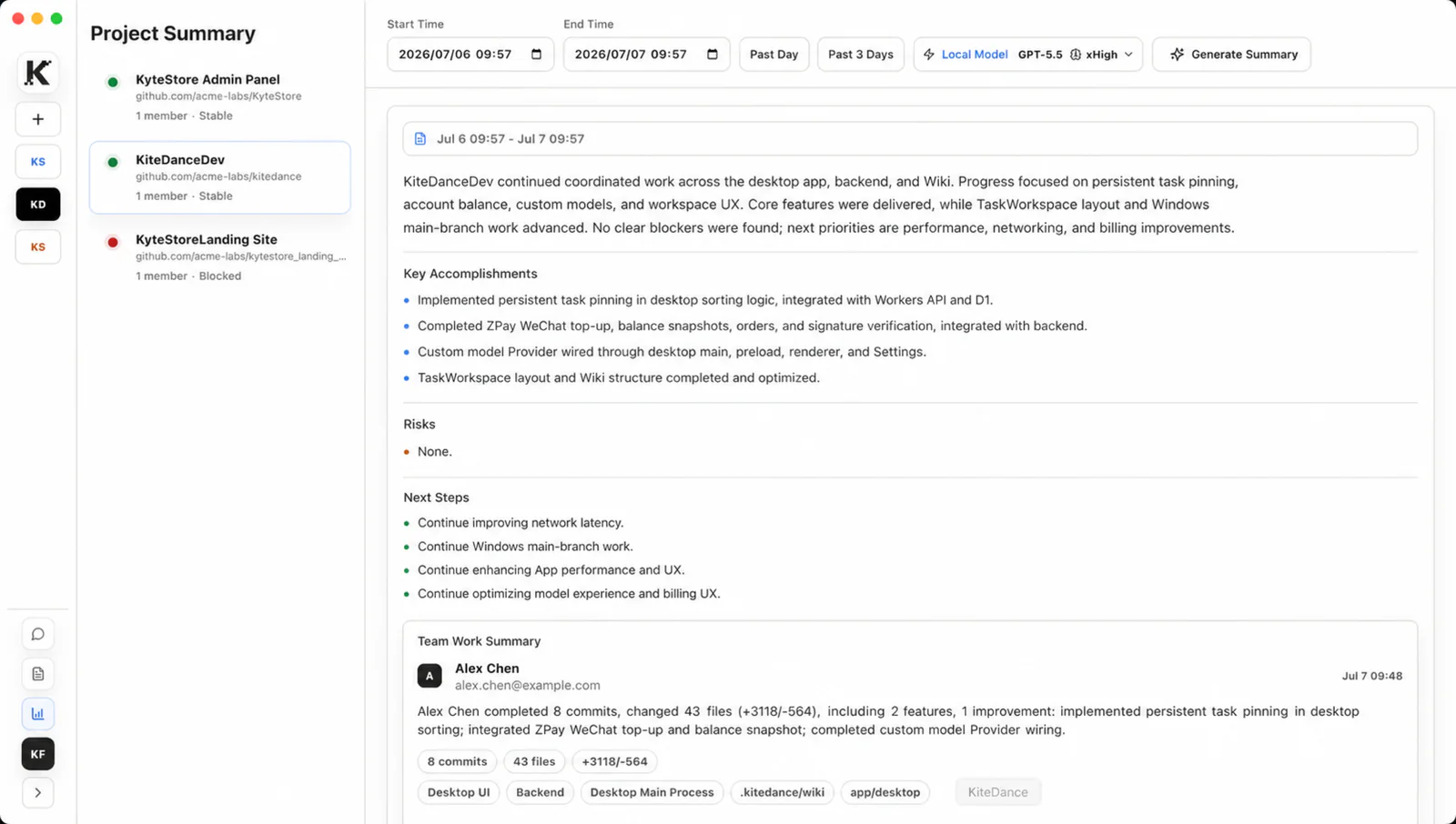 KiteDance English project summary showing key accomplishments, risks, next steps, and team work